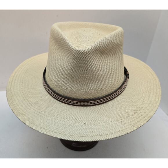 Orvis Genuine Panama Straw Hat Large Hand Woven Band 7-1/4-7 -3/8 USA Made - Picture 2 of 11